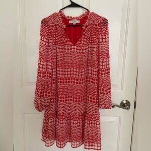 LOFT Red and White Geometric Long Sleeve Dress